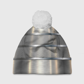 Шапка 3D c помпоном с принтом металлические полосы   текстура алюминия в Кировске, 100% полиэстер | универсальный размер, печать по всей поверхности изделия | 