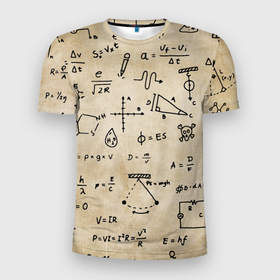 Мужская футболка 3D Slim с принтом Научные формулы на старой бумаге в Курске, 100% полиэстер с улучшенными характеристиками | приталенный силуэт, круглая горловина, широкие плечи, сужается к линии бедра | 