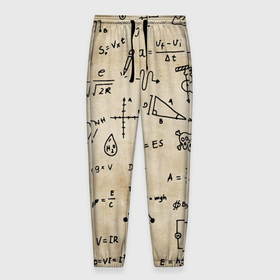Мужские брюки 3D с принтом Научные формулы на старой бумаге в Тюмени, 100% полиэстер | манжеты по низу, эластичный пояс регулируется шнурком, по бокам два кармана без застежек, внутренняя часть кармана из мелкой сетки | Тематика изображения на принте: 