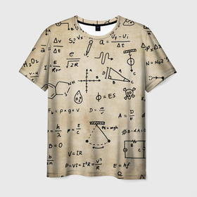 Мужская футболка 3D с принтом Научные формулы на старой бумаге в Екатеринбурге, 100% полиэфир | прямой крой, круглый вырез горловины, длина до линии бедер | 