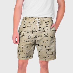 Мужские шорты 3D с принтом Научные формулы на старой бумаге в Курске,  полиэстер 100% | прямой крой, два кармана без застежек по бокам. Мягкая трикотажная резинка на поясе, внутри которой широкие завязки. Длина чуть выше колен | 