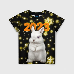 Детская футболка 3D с принтом Кролик 2023 в золотых снежинках в Петрозаводске, 100% гипоаллергенный полиэфир | прямой крой, круглый вырез горловины, длина до линии бедер, чуть спущенное плечо, ткань немного тянется | Тематика изображения на принте: 