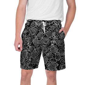 Мужские шорты 3D с принтом Чайная роза: Черно белыи принт в Петрозаводске,  полиэстер 100% | прямой крой, два кармана без застежек по бокам. Мягкая трикотажная резинка на поясе, внутри которой широкие завязки. Длина чуть выше колен | 