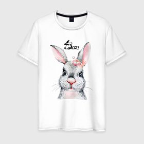 Мужская футболка хлопок с принтом Кролик    символ 2023 года в Кировске, 100% хлопок | прямой крой, круглый вырез горловины, длина до линии бедер, слегка спущенное плечо. | 