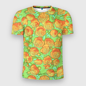 Мужская футболка 3D Slim с принтом Яркая Чайная роза в Петрозаводске, 100% полиэстер с улучшенными характеристиками | приталенный силуэт, круглая горловина, широкие плечи, сужается к линии бедра | Тематика изображения на принте: 