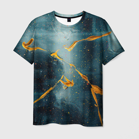 Мужская футболка 3D с принтом Синий мрачный туман и оранжевые краски в Санкт-Петербурге, 100% полиэфир | прямой крой, круглый вырез горловины, длина до линии бедер | Тематика изображения на принте: 