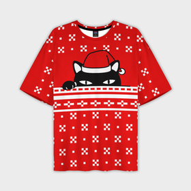 Мужская футболка OVERSIZE 3D с принтом Выглядывающий котик   красный свитер в Курске,  |  | 