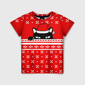 Детская футболка 3D с принтом Выглядывающий котик   красный свитер , 100% гипоаллергенный полиэфир | прямой крой, круглый вырез горловины, длина до линии бедер, чуть спущенное плечо, ткань немного тянется | Тематика изображения на принте: 