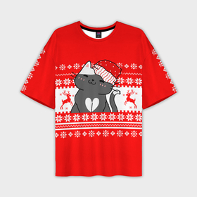 Мужская футболка OVERSIZE 3D с принтом Котик новогодний   Свитер с оленями ,  |  | 
