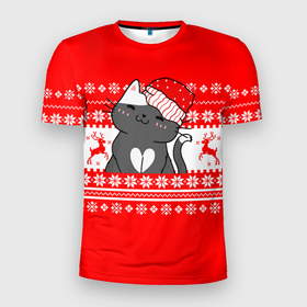 Мужская футболка 3D Slim с принтом Котик новогодний   Свитер с оленями в Екатеринбурге, 100% полиэстер с улучшенными характеристиками | приталенный силуэт, круглая горловина, широкие плечи, сужается к линии бедра | 