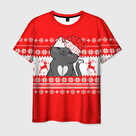 Мужская футболка 3D с принтом Котик новогодний   Свитер с оленями в Санкт-Петербурге, 100% полиэфир | прямой крой, круглый вырез горловины, длина до линии бедер | 