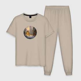 Мужская пижама хлопок с принтом Деревенский бревенчатый дом, украшенный к Новому году в Тюмени, 100% хлопок | брюки и футболка прямого кроя, без карманов, на брюках мягкая резинка на поясе и по низу штанин
 | 