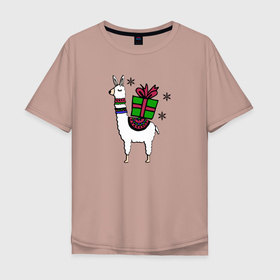 Мужская футболка хлопок Oversize с принтом Новогодняя лама с подарком в Новосибирске, 100% хлопок | свободный крой, круглый ворот, “спинка” длиннее передней части | Тематика изображения на принте: 