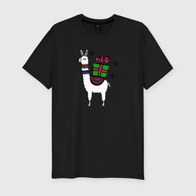 Мужская футболка хлопок Slim с принтом Новогодняя лама с подарком в Новосибирске, 92% хлопок, 8% лайкра | приталенный силуэт, круглый вырез ворота, длина до линии бедра, короткий рукав | Тематика изображения на принте: 