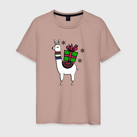 Мужская футболка хлопок с принтом Новогодняя лама с подарком в Новосибирске, 100% хлопок | прямой крой, круглый вырез горловины, длина до линии бедер, слегка спущенное плечо. | Тематика изображения на принте: 