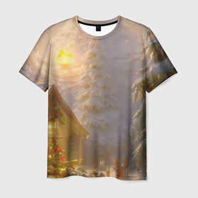 Мужская футболка 3D с принтом Деревенский бревенчатый дом в лесу, украшенный к Новому году , 100% полиэфир | прямой крой, круглый вырез горловины, длина до линии бедер | Тематика изображения на принте: 