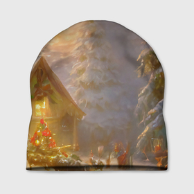 Шапка 3D с принтом Деревенский бревенчатый дом в лесу, украшенный к Новому году в Курске, 100% полиэстер | универсальный размер, печать по всей поверхности изделия | 