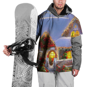 Накидка на куртку 3D с принтом Украшенный новогодний коттедж и снежные сугробы в Петрозаводске, 100% полиэстер |  | Тематика изображения на принте: 