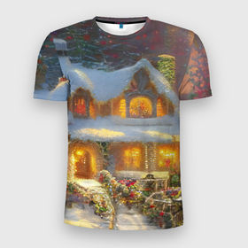 Мужская футболка 3D Slim с принтом Заснеженные деревья и новогодний коттедж с гирляндами в Екатеринбурге, 100% полиэстер с улучшенными характеристиками | приталенный силуэт, круглая горловина, широкие плечи, сужается к линии бедра | 