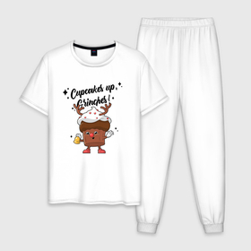 Мужская пижама хлопок с принтом Cupcakes up Grinches в Новосибирске, 100% хлопок | брюки и футболка прямого кроя, без карманов, на брюках мягкая резинка на поясе и по низу штанин
 | 
