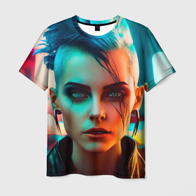 Мужская футболка 3D с принтом Нейросеть   девушка в стиле киберпанк в Петрозаводске, 100% полиэфир | прямой крой, круглый вырез горловины, длина до линии бедер | 