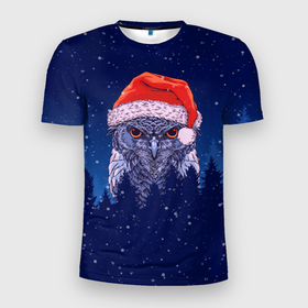 Мужская футболка 3D Slim с принтом Сова в новогодней шапке в Петрозаводске, 100% полиэстер с улучшенными характеристиками | приталенный силуэт, круглая горловина, широкие плечи, сужается к линии бедра | Тематика изображения на принте: 
