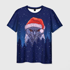Мужская футболка 3D с принтом Сова в новогодней шапке , 100% полиэфир | прямой крой, круглый вырез горловины, длина до линии бедер | Тематика изображения на принте: 