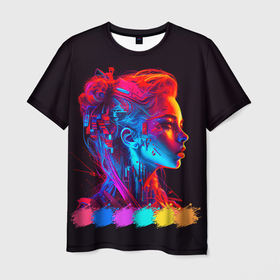 Мужская футболка 3D с принтом Нейросеть   девушка киборг в неоновом свечении в Петрозаводске, 100% полиэфир | прямой крой, круглый вырез горловины, длина до линии бедер | 