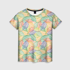 Женская футболка 3D с принтом Листья скетч разноцветные , 100% полиэфир ( синтетическое хлопкоподобное полотно) | прямой крой, круглый вырез горловины, длина до линии бедер | 