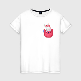 Женская футболка хлопок с принтом Зайка  в кармашке в Петрозаводске, 100% хлопок | прямой крой, круглый вырез горловины, длина до линии бедер, слегка спущенное плечо | 