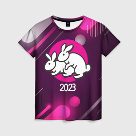Женская футболка 3D с принтом Кролики   2023 в Белгороде, 100% полиэфир ( синтетическое хлопкоподобное полотно) | прямой крой, круглый вырез горловины, длина до линии бедер | 