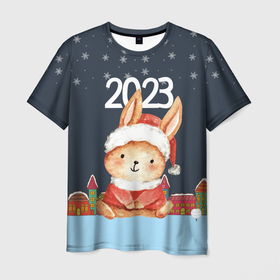 Мужская футболка 3D с принтом Зайчик в новогоднем  костюме в Кировске, 100% полиэфир | прямой крой, круглый вырез горловины, длина до линии бедер | 