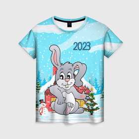 Женская футболка 3D с принтом Кролик 2023  новый год в Екатеринбурге, 100% полиэфир ( синтетическое хлопкоподобное полотно) | прямой крой, круглый вырез горловины, длина до линии бедер | 