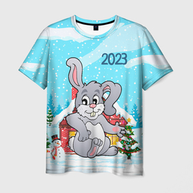 Мужская футболка 3D с принтом Кролик 2023  новый год в Екатеринбурге, 100% полиэфир | прямой крой, круглый вырез горловины, длина до линии бедер | 