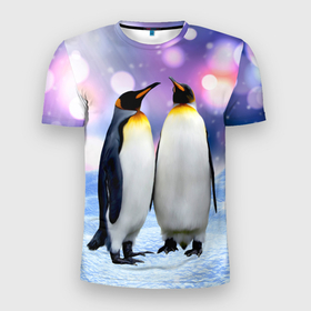 Мужская футболка 3D Slim с принтом Пингвины на снегу в Курске, 100% полиэстер с улучшенными характеристиками | приталенный силуэт, круглая горловина, широкие плечи, сужается к линии бедра | Тематика изображения на принте: 