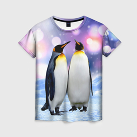 Женская футболка 3D с принтом Пингвины на снегу в Кировске, 100% полиэфир ( синтетическое хлопкоподобное полотно) | прямой крой, круглый вырез горловины, длина до линии бедер | 