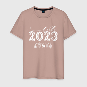 Мужская футболка хлопок с принтом Hello New Year 2023 в Екатеринбурге, 100% хлопок | прямой крой, круглый вырез горловины, длина до линии бедер, слегка спущенное плечо. | Тематика изображения на принте: 