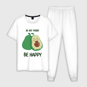 Мужская пижама хлопок с принтом Dont worry be happy   avocado в Рязани, 100% хлопок | брюки и футболка прямого кроя, без карманов, на брюках мягкая резинка на поясе и по низу штанин
 | Тематика изображения на принте: 