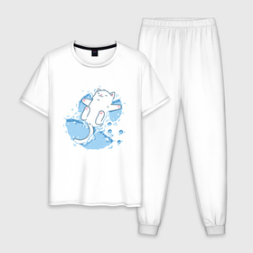 Мужская пижама хлопок с принтом Снежный котоик в Санкт-Петербурге, 100% хлопок | брюки и футболка прямого кроя, без карманов, на брюках мягкая резинка на поясе и по низу штанин
 | Тематика изображения на принте: 