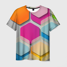 Мужская футболка 3D с принтом Абстрактные разноцветные геометрические фигуры в Петрозаводске, 100% полиэфир | прямой крой, круглый вырез горловины, длина до линии бедер | 