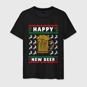 Мужская футболка хлопок с принтом Новый год с пивом в Санкт-Петербурге, 100% хлопок | прямой крой, круглый вырез горловины, длина до линии бедер, слегка спущенное плечо. | 