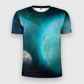 Мужская футболка 3D Slim с принтом Космос и планеты в Новосибирске, 100% полиэстер с улучшенными характеристиками | приталенный силуэт, круглая горловина, широкие плечи, сужается к линии бедра | 
