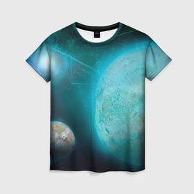 Женская футболка 3D с принтом Космос и планеты в Петрозаводске, 100% полиэфир ( синтетическое хлопкоподобное полотно) | прямой крой, круглый вырез горловины, длина до линии бедер | 
