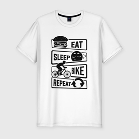 Мужская футболка хлопок Slim с принтом Eat sleep bike repeat art в Курске, 92% хлопок, 8% лайкра | приталенный силуэт, круглый вырез ворота, длина до линии бедра, короткий рукав | 