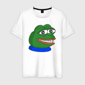 Мужская футболка хлопок с принтом Лягушонок Пепе грустно улыбается в Екатеринбурге, 100% хлопок | прямой крой, круглый вырез горловины, длина до линии бедер, слегка спущенное плечо. | 