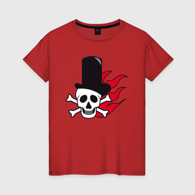 Женская футболка хлопок с принтом Череп в шляпе и в красном огне в Кировске, 100% хлопок | прямой крой, круглый вырез горловины, длина до линии бедер, слегка спущенное плечо | 