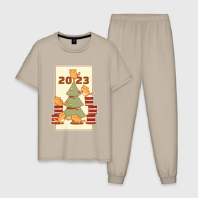Мужская пижама хлопок с принтом Котики украшают новогоднюю ёлку в Тюмени, 100% хлопок | брюки и футболка прямого кроя, без карманов, на брюках мягкая резинка на поясе и по низу штанин
 | 