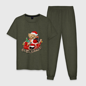 Мужская пижама хлопок с принтом Новогодний мишка в Петрозаводске, 100% хлопок | брюки и футболка прямого кроя, без карманов, на брюках мягкая резинка на поясе и по низу штанин
 | Тематика изображения на принте: 