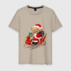 Мужская футболка хлопок с принтом Новогодний мишка в Петрозаводске, 100% хлопок | прямой крой, круглый вырез горловины, длина до линии бедер, слегка спущенное плечо. | Тематика изображения на принте: 