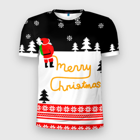 Мужская футболка 3D Slim с принтом Merry christmas   Санта Клаус в городе Новоалтайск, 100% полиэстер с улучшенными характеристиками | приталенный силуэт, круглая горловина, широкие плечи, сужается к линии бедра | 